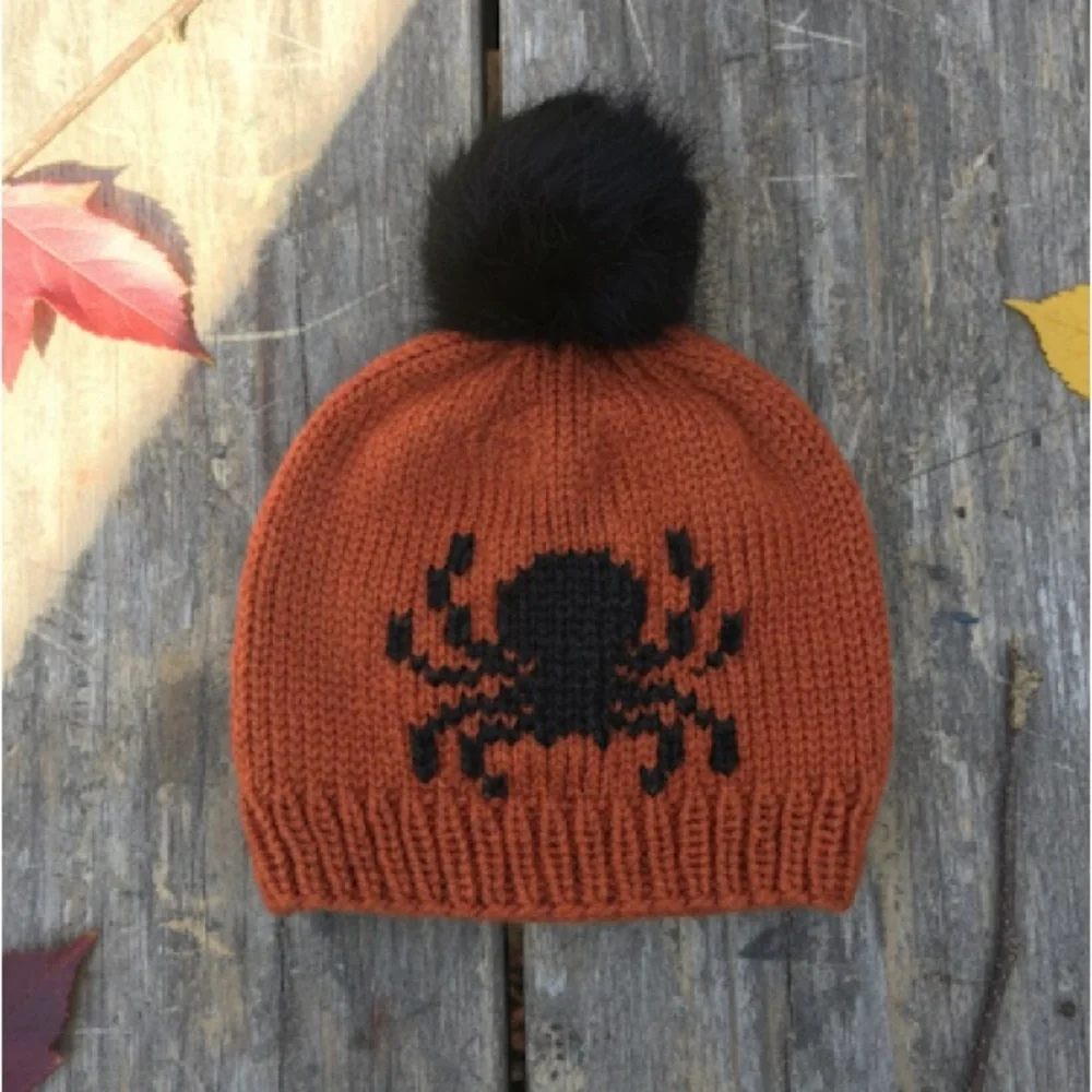 Hand Knit Spider Beanie 🕷️Pumpkin orange and black with removable faux fur Pom